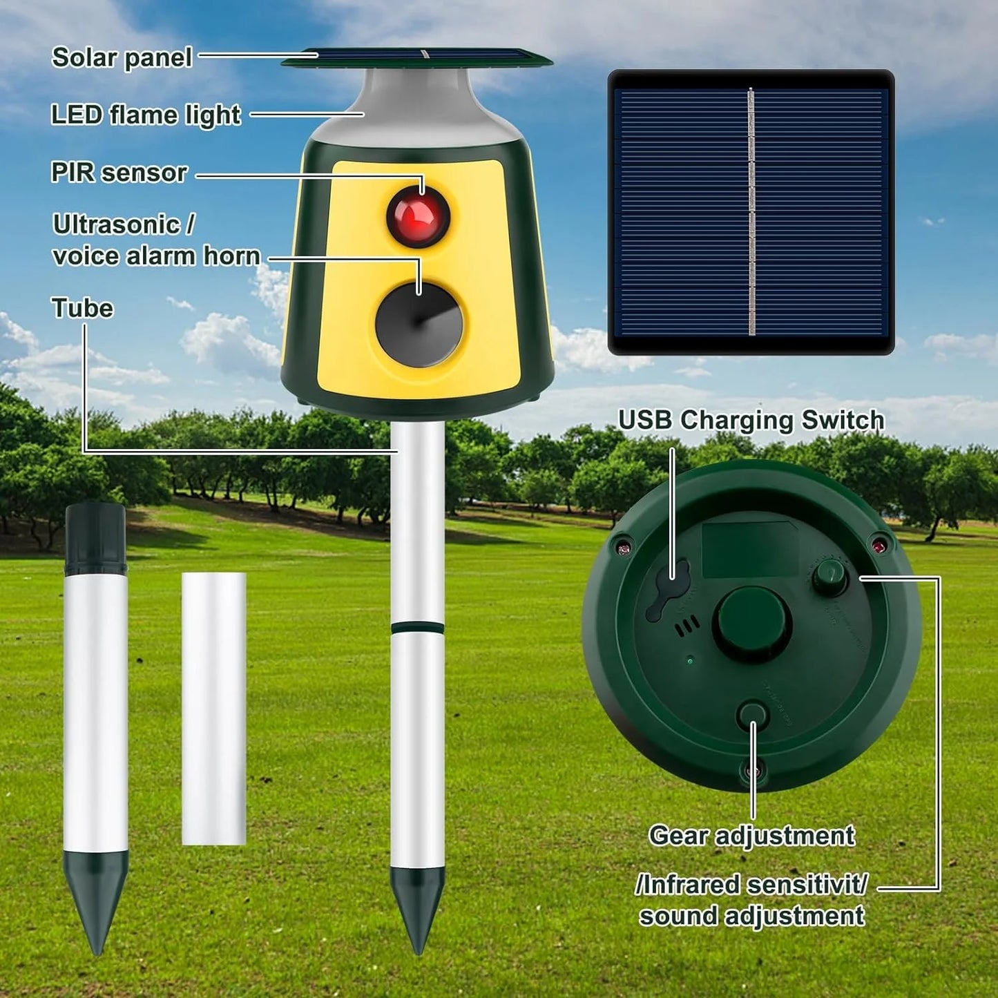 Yavani New Upgraded Solar Animal Repeller Ultrasonic Deer Repellent Devices with Motion Sensor and Flame Light Cat Repellent
