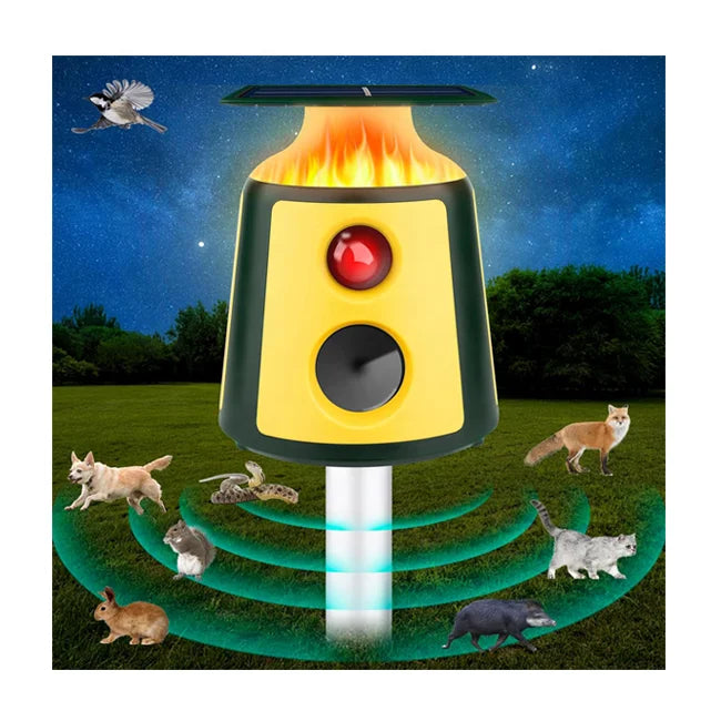 Yavani New Upgraded Solar Animal Repeller Ultrasonic Deer Repellent Devices with Motion Sensor and Flame Light Cat Repellent