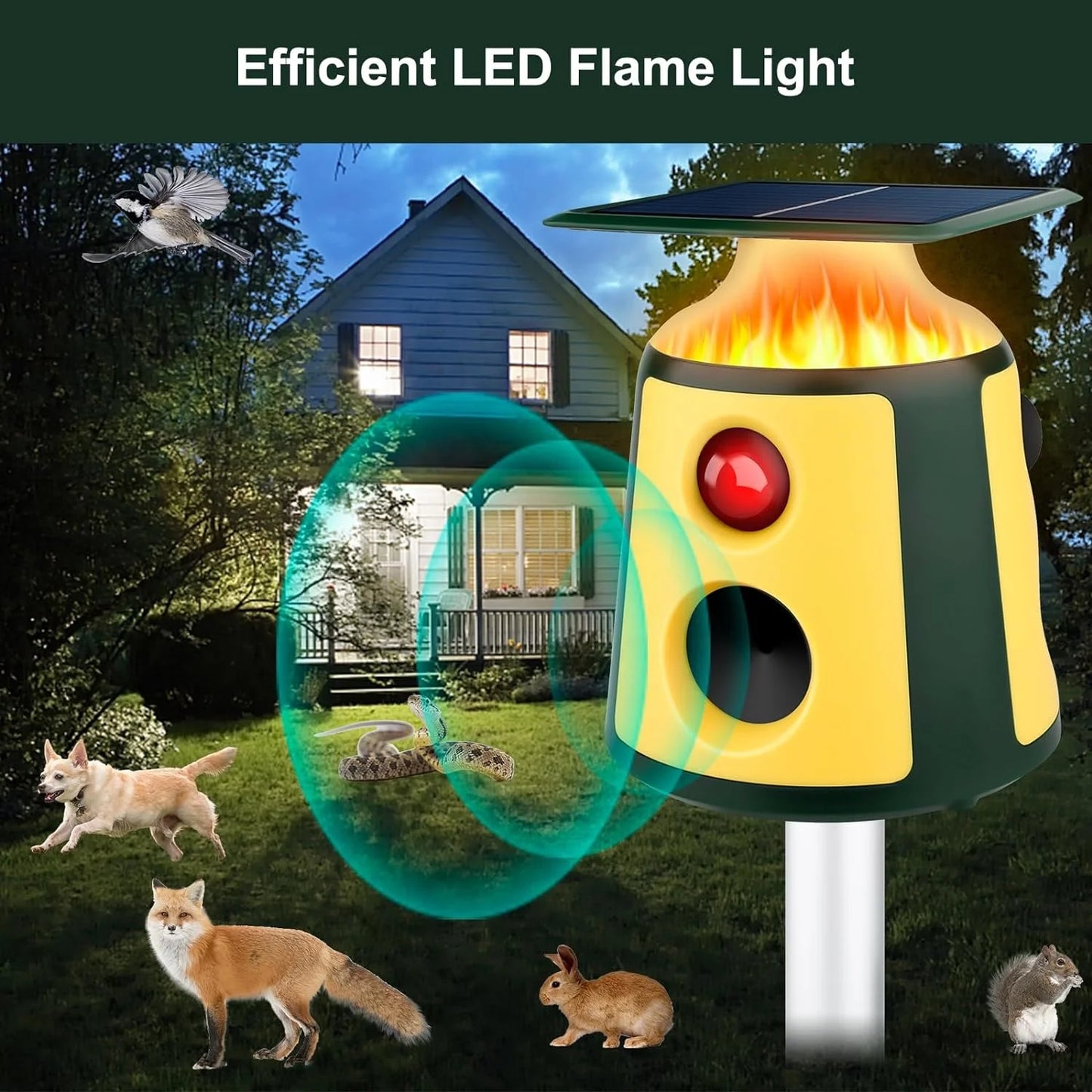 Yavani New Upgraded Solar Animal Repeller Ultrasonic Deer Repellent Devices with Motion Sensor and Flame Light Cat Repellent