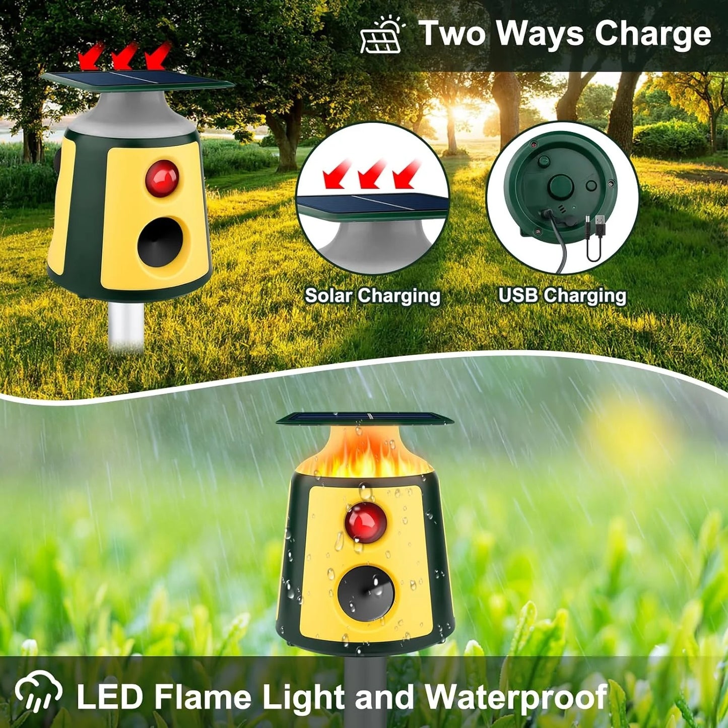 Yavani New Upgraded Solar Animal Repeller Ultrasonic Deer Repellent Devices with Motion Sensor and Flame Light Cat Repellent